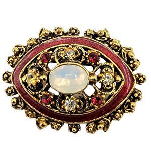 Florenza Oval Red Enamel Moonstone Center Rhinestone Brooch, Signed